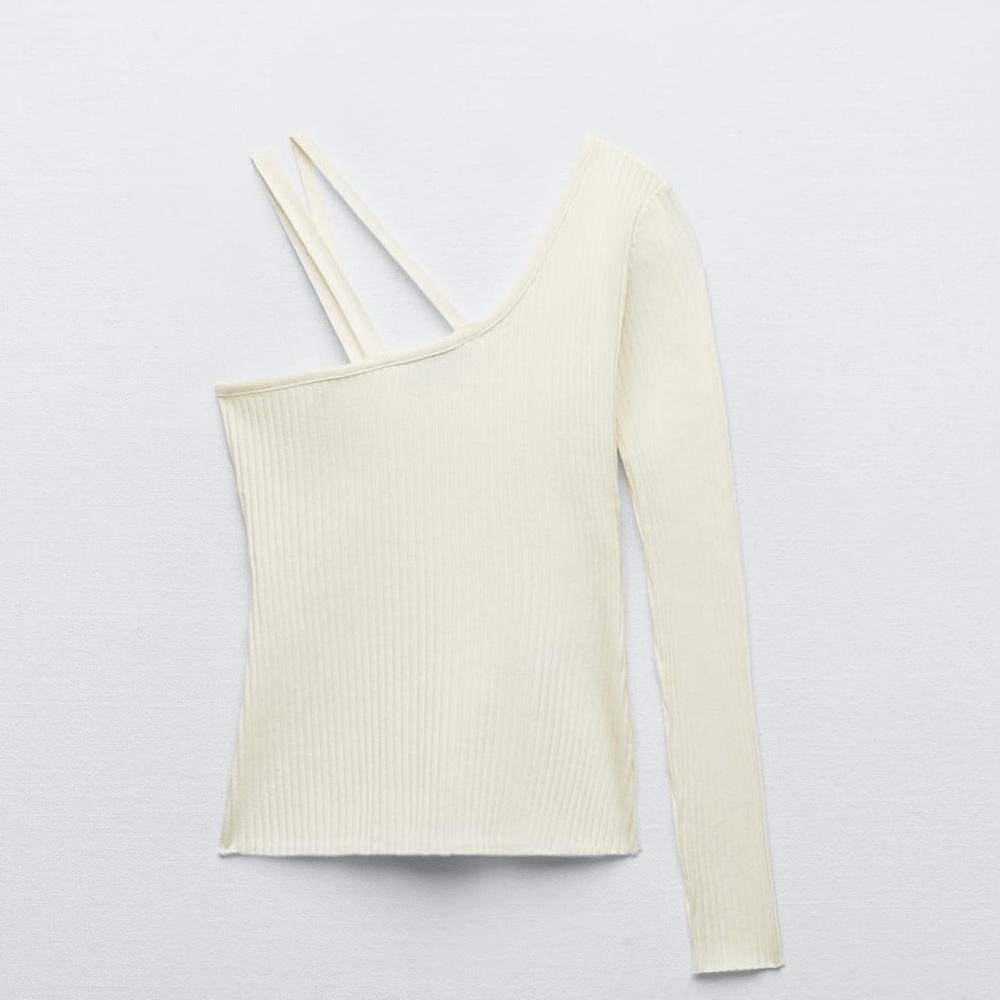 Zara Asymmetrical Long Sleeve Top Blouse, Stretch Cream, 100% cotton, Woman, Xs